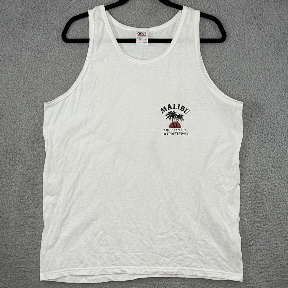 Vintage Malibu Rum Tank Top White Mens Size Large Graphic Print Anvil Redbar